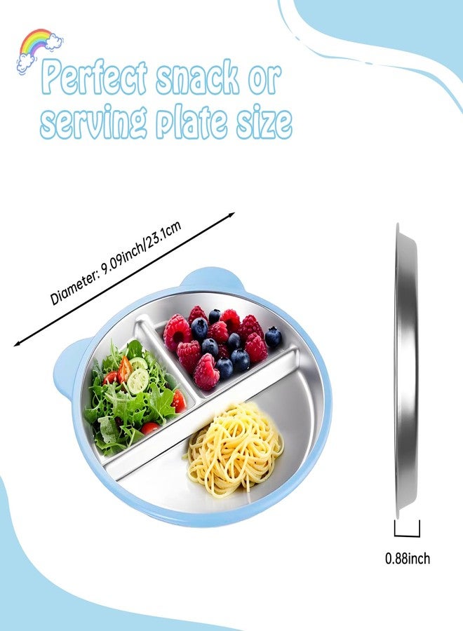 Thrseely 4 Pack Stainless Steel Toddler Plates with Suction - 9" Kids Divided Plates Removable Silicone Sleeves for Baby Led Weaning, Bear Ear Design Non Slip BPA-Free Dishwasher Safe - Image 2